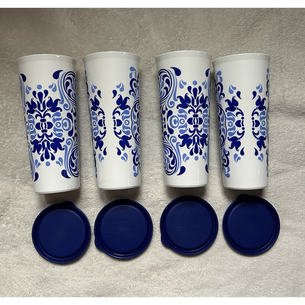 Tupperware Set of 4 Straight Sided Tumblers 16oz  Different Color Blue Filagree